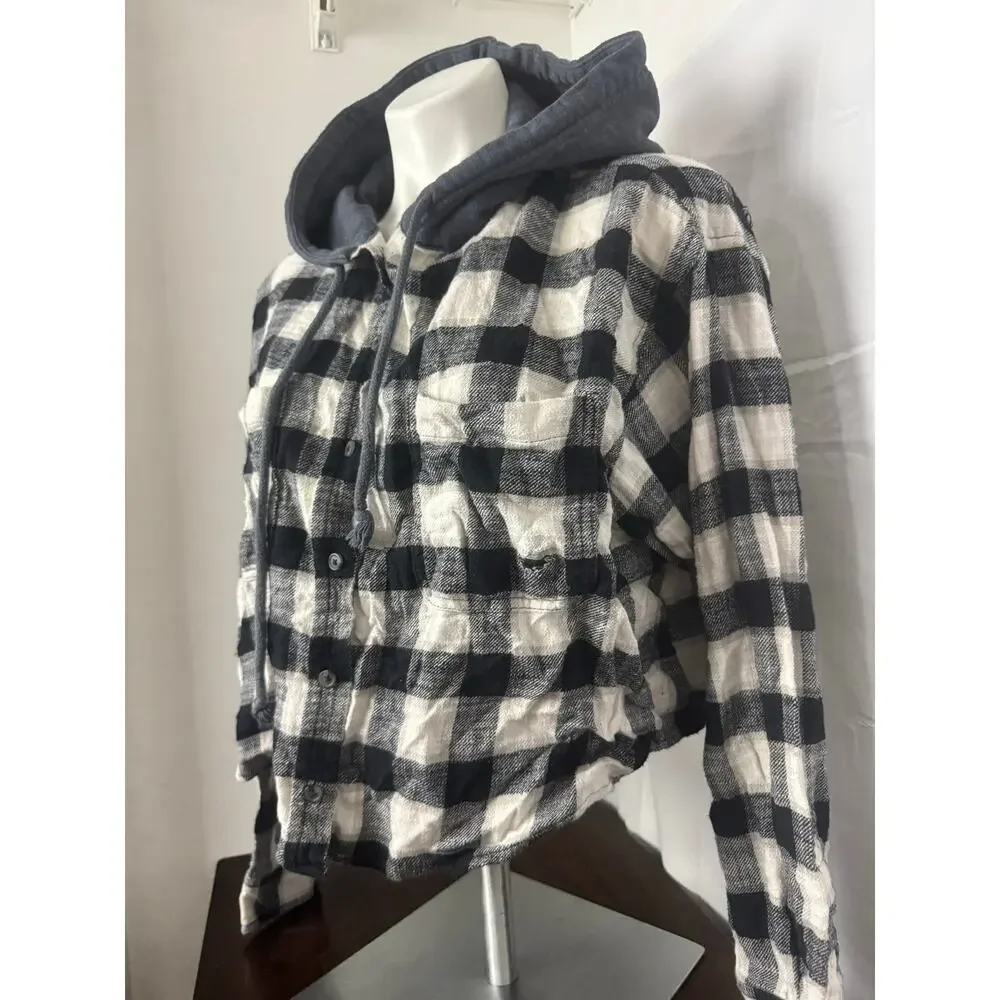 American Eagle Y2K Cropped, Hooded Distressed Flannel Top XL - Picture 2 of 8